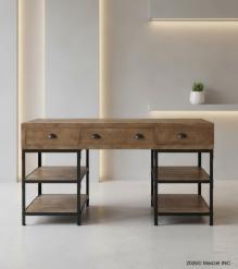 SOLID WOOD & IRON DESK W/ 3 DRAWERS & 4 SHELVES