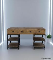 SOLID WOOD & IRON DESK W/ 3 DRAWERS & 4 SHELVES