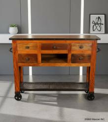 SOLID RECLAIMED TEAK WOOD CONSOLE ISLAND ON CASTERS W/ 5 DRAWERS