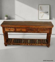 SOLID RECLAIMED HAND CARVED TEAK WOOD CONSOLE SIDEBOARD W/ 4 DRAWERS