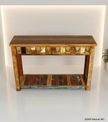 SOLID RECLAIMED TEAK WOOD CONSOLE TABLE W/ BRASS CASTINGS