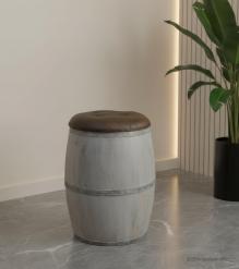 SOLID WOOD BARREL STORAGE STOOL W/ UPHOLSTERED LEATHER COVER