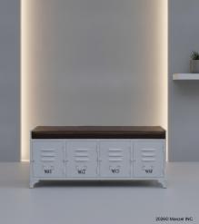 IRON LOCKER BENCH W/ LEATHER UPHOLSTERED SEAT