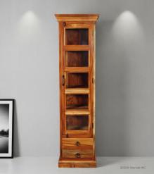 SOLID RECLAIMED TEAK WOOD & GLASS DISPLAY CASE TOWER WITH 2 DRAWERS