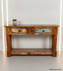SOLID RECLAIMED TEAK WOOD CONSOLE WITH 2 DRAWERS & SHELF