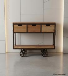 SOLID WOOD & IRON 3 DRAWER TROLLEY CONSOLE 