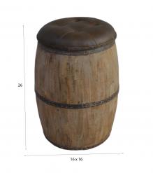 SOLID WOOD BARREL STORAGE STOOL W/ UPHOLSTERED LEATHER COVER
