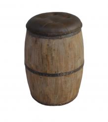 SOLID WOOD BARREL STORAGE STOOL W/ UPHOLSTERED LEATHER COVER