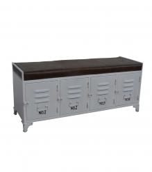 IRON LOCKER BENCH W/ LEATHER UPHOLSTERED SEAT