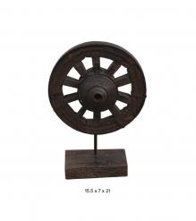 SOLID WOOD WHEEL MOUNTED ON STAND 