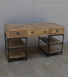 SOLID WOOD & IRON DESK W/ 3 DRAWERS & 4 SHELVES