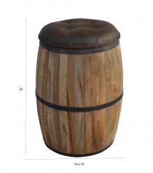SOLID WOOD BARREL STORAGE STOOL W/ UPHOLSTERED LEATHER COVER