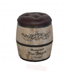 Wood Barrel Storage Stool w/ Leather Upholstered Top