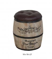 Wood Barrel Storage Stool w/ Leather Upholstered Top