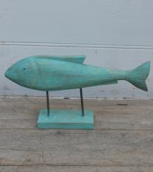 HAND CARVED SOLID WOOD FISH ON STAND