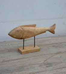 HAND CARVED SOLID WOOD FISH ON STAND
