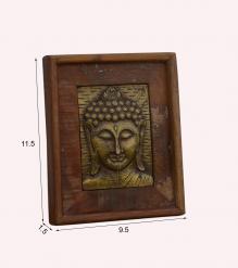 brass inlay buddha on reclaimed wood panel
