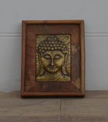 brass inlay buddha on reclaimed wood panel