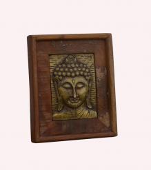brass inlay buddha on reclaimed wood panel