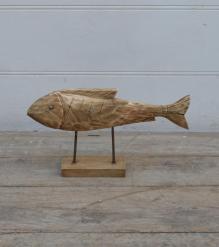 HAND CARVED SOLID WOOD FISH ON STAND