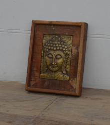 brass inlay buddha on reclaimed wood panel