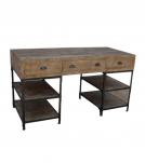 SOLID WOOD & IRON DESK W/ 3 DRAWERS & 4 SHELVES