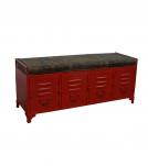 IRON LOCKER BENCH W/ LEATHER UPHOLSTERED SEAT