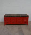 IRON LOCKER BENCH W/ LEATHER UPHOLSTERED SEAT