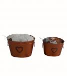 FARMHOUSE METAL & COWHIDE STORAGE BUCKETS W/ REMOVEABLE LIDS