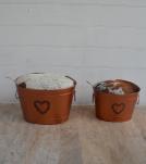 FARMHOUSE METAL & COWHIDE STORAGE BUCKETS W/ REMOVEABLE LIDS
