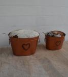 FARMHOUSE METAL & COWHIDE STORAGE BUCKETS W/ REMOVEABLE LIDS