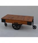 SOLID WOOD & IRON ROLLING CART COFFEE TABLE