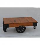SOLID WOOD & IRON ROLLING CART COFFEE TABLE