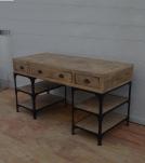 SOLID WOOD & IRON DESK W/ 3 DRAWERS & 4 SHELVES