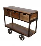 SOLID WOOD & IRON 3 DRAWER TROLLEY CONSOLE 