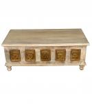 SOLID RECLAIMED TEAK W/ BRASS FITTED BUDDHA CASTINGS TRUNK COFFEE TABLE BLANKET CHEST