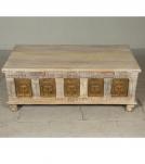 SOLID RECLAIMED TEAK W/ BRASS FITTED BUDDHA CASTINGS TRUNK COFFEE TABLE BLANKET CHEST