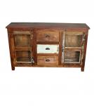 SOLID RECLAIMED TEAK WOOD & GLASS SIDEBOARD CONSOLE CABINET W/ 2 DOORS & 3 DRAWERS