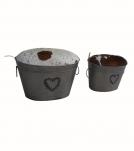 FARMHOUSE METAL & COWHIDE STORAGE BUCKETS W/ REMOVEABLE LIDS