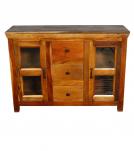 SOLID RECLAIMED TEAK WOOD & GLASS SIDEBOARD CABINET W/ 2 DOORS & 3 DRAWERS