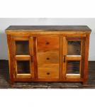 SOLID RECLAIMED TEAK WOOD & GLASS SIDEBOARD CABINET W/ 2 DOORS & 3 DRAWERS