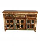 SOLID RECLAIMED TEAK WOOD & GLASS SIDEBOARD CABINET W/ 3 DRAWERS & 3 DOORS