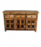 SOLID RECLAIMED TEAK WOOD & GLASS SIDEBOARD CABINET W/ 3 DRAWERS & 3 DOORS