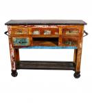SOLID RECLAIMED TEAK WOOD SIDEBOARD ISLAND W/ 5 DRAWERS & CASTERS