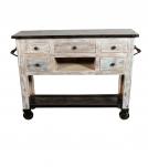 SOLID RECLAIMED TEAK WOOD SIDEBOARD ISLAND W/ 5 DRAWERS & CASTERS