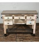 SOLID RECLAIMED TEAK WOOD CONSOLE ISLAND ON CASTERS W/ 5 DRAWERS