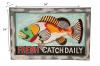 HAND CARVED SOLID PAINTED WOOD "FRESH CATCH DAILY" FISH PLAQUE