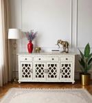 SOLID RECLAIMED TEAK WOOD & GLASS SIDEBOARD CONSOLE W/ 4 DRAWERS & 4 DOORS