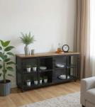 IRON & GLASS SIDEBOARD W/ SOLID WOOD TOP