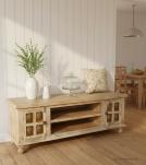 SOLID RECLAIMED TEAK W/ BRASS FITTED BUDDHA CASTINGS CABINET CONSOLE